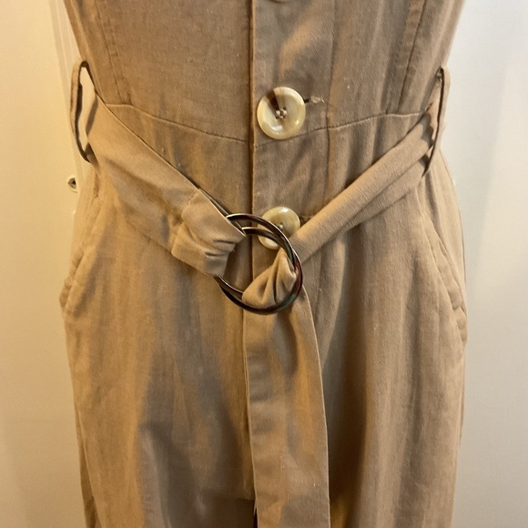 🌹 Khaki Beige Belted Utility Linen Button Down Sleeveless Jumpsuit - Picture 7 of 8